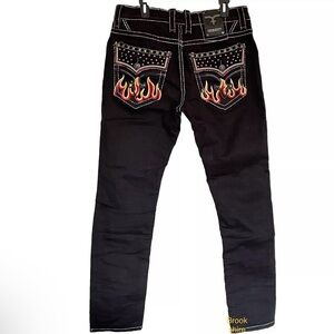 Rock Revival Jeans Quince Biker Black Denim Embroidered Flames Men’s Size 42